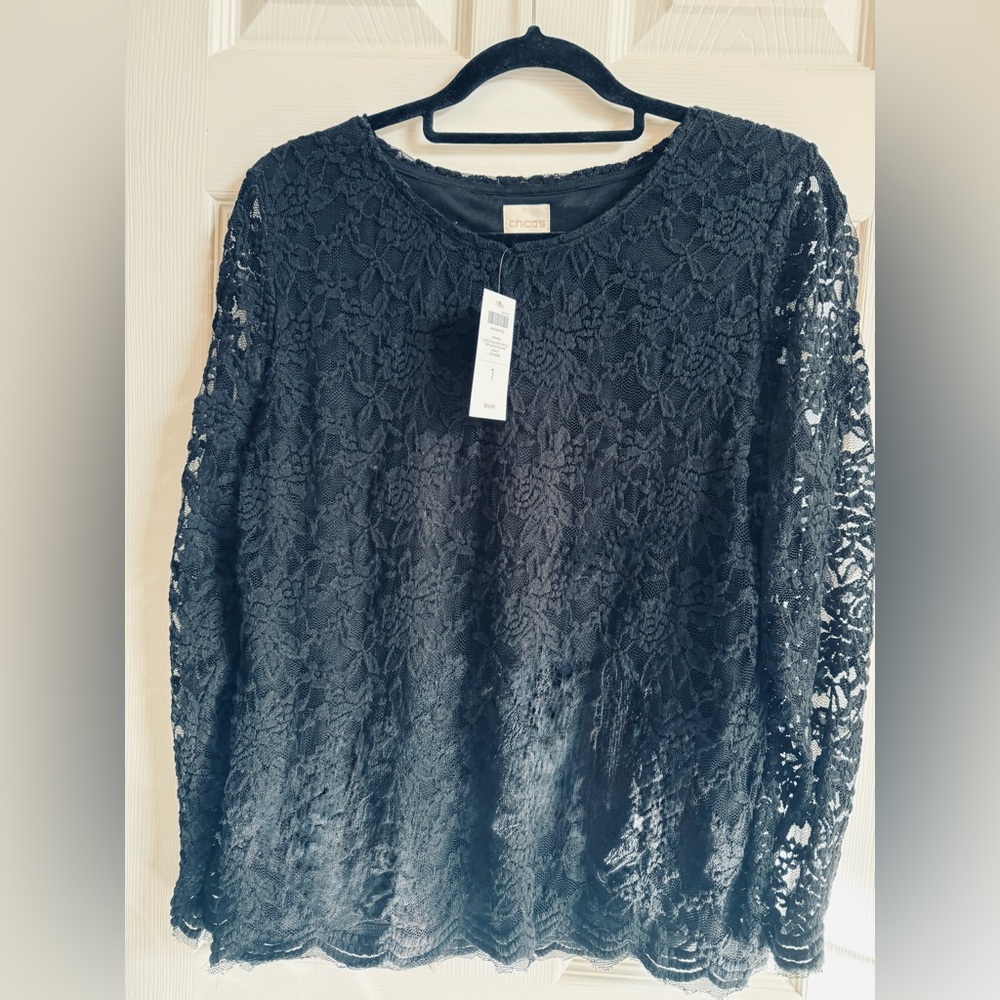 NWT Chico's  Lined black lace blouse with scalloped hem